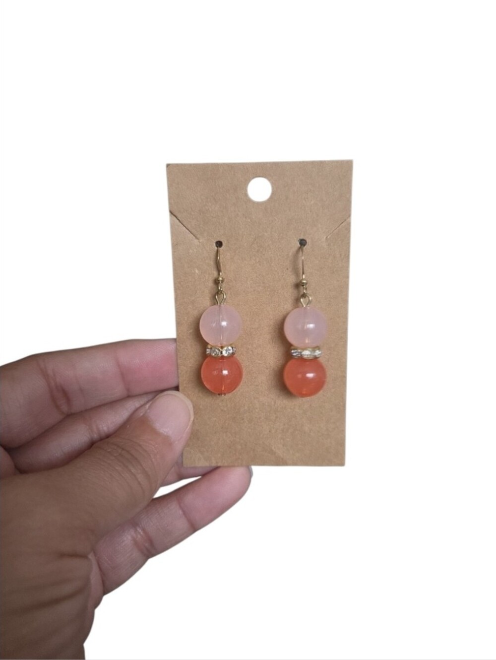 Vintage Gold Drop Earrings with Pink and Orange Beads 1.75"